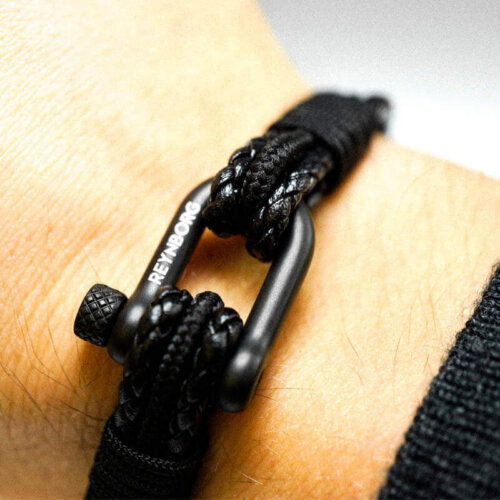 Lisbon Black leather and nylon bracelet worn on the wrist
